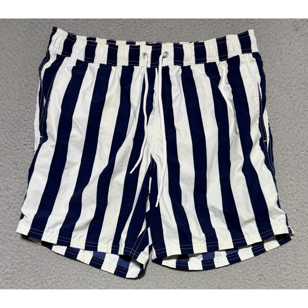 J Crew Swim Trunks Mens Size Medium Navy Blue Striped Drawstring Waist Lined